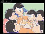  black_border black_hair border brothers closed_eyes eating food hebii male_focus matsuno_choromatsu matsuno_ichimatsu matsuno_juushimatsu matsuno_karamatsu matsuno_osomatsu matsuno_todomatsu messy_hair mouth_hold multiple_boys osomatsu-kun osomatsu-san pizza sextuplets siblings sitting table twitter_username wall-eyed 