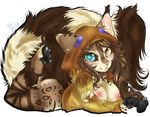  2014 alpha_channel anthro areola bottomless breasts brown_fur brown_hair clothed clothing ear_piercing fangs feline female fur hair half-dressed looking_at_viewer lying mammal myett-wrath nipples on_front open_mouth piercing simple_background smile solo teeth transparent_background 