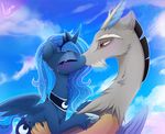  2015 antlers blue_hair blush cloud couple crown cutie_mark discord_(mlp) draconequus duo equine eyes_clsoed female friendship_is_magic hair hi_res horn kissing lyra-senpai mammal my_little_pony necklace outside princess_luna_(mlp) red_eyes sky sparkles tears winged_unicorn wings 
