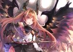  bangs belt black_gloves black_wings blonde_hair dark_angel_olivia demon_horns demon_wings dress fang gloves granblue_fantasy hair_between_eyes hair_ornament hairband horns long_hair looking_at_viewer outstretched_arms red_eyes saraki shingeki_no_bahamut sleeveless sleeveless_dress smirk solo upper_body very_long_hair wings 