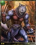  abs belt biceps big_muscles blades blue_fur canine card claws clothing collar fangs fist forest front_view fur loincloth looking_at_viewer male mammal multicolored_fur muscular no_pupils official_art outside pecs pose scar shirt solo standing steps sunset teeth tree two_tone_fur unknown_artist vein video_games were werewolf whiskers white_eyes 