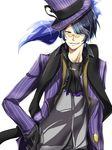  absurdres black_gloves black_hair chandelure gen_5_pokemon glasses gloves hand_on_hip hat highres kamuro_(3422124) male_focus personification pokemon purple_hat smile solo teeth upper_body yellow_eyes 