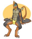  &lt;3 2015 accelo anthro bulge claws clothed clothing gastropod green_eyes half-dressed hi_res looking_at_viewer male one_eye_closed pterodactyl sitting slug solo talons toe_claws topless underwear wings 