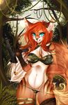  2015 anthro bra breasts brown_fur canine clothed clothing collar female fox fur gun hair half-closed_eyes hi_res inner_ear_fluff legwear looking_at_viewer mammal myett-wrath open_mouth outside panties ranged_weapon red_hair smile solo standing thigh_highs three-quarter_portrait tongue tongue_out underwear weapon 