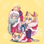  2girls :o antlers aqua_eyes aqua_hair arms_up bad_id bad_pixiv_id bangs black_footwear black_gloves blonde_hair blush boots bow box chestnut_mouth chibi christmas cloak dress full_body gift gift_box gloves hair_between_eyes hair_bow hair_ornament hair_scarf hairband hairclip hatsune_miku holding holding_gift hood hooded_cloak kagamine_len kagamine_rin legs_together long_hair long_sleeves lying multiple_girls on_stomach pants ponytail red_dress red_footwear santa_costume scarf snowflakes standing vocaloid yampopo yellow_background 