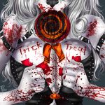  2014 anthro big_breasts blood body_writing bow breasts candy canine cleavage clothed clothing fangs female food fur hair halloween holidays lollipop mammal myett-wrath nipple_tape simple_background smile solo teeth white_fur white_hair wolf 