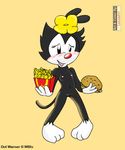  animaniacs black_fur blush burger clothing dot_warner fast_food female flower flower_in_hair food fries fur gloves leinad56 mammal nude parody plant pussy simple_background smile standing text warner_brothers 