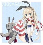  bare_shoulders boots character_name elbow_gloves from_side gloves green_eyes hairband kantai_collection long_hair looking_at_viewer looking_to_the_side maccha platinum_blonde_hair pom_pom_(clothes) rensouhou-chan scarf shimakaze_(kantai_collection) shirt sitting skirt sleeveless sleeveless_shirt smile solo striped striped_legwear striped_scarf thighhighs 