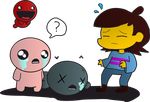  arthropod clothing crossover crying frisk human ilovegir64 insect isaac male mammal monster open_mouth smile speech_bubble tears the_binding_of_isaac undertale unknown_species video_games 