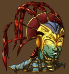  blackdema brown_background deviantart_sample feathers glowing glowing_eyes green_skin hat helmet image_sample kotal_kahn male_focus mortal_kombat mortal_kombat_x portrait simple_background solo upper_body yellow_eyes 