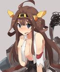  blue_eyes brown_hair exion_(neon) hairband headgear highres japanese_clothes kantai_collection kongou_(kantai_collection) long_hair machinery nontraditional_miko open_mouth solo tears torn_clothes 