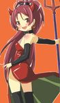  :d alternate_costume bare_shoulders choker collar detached_sleeves dress earrings fang halloween halloween_costume horns jewelry long_hair looking_at_viewer mahou_shoujo_madoka_magica open_mouth polearm ponytail red_dress red_hair sakura_kyouko smile solo thighhighs trident tsubaki_(tatajd) weapon 