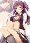  ahoge black_skirt blush bra breasts cleavage gloves hagikaze_(kantai_collection) highres ichikawa_feesu kantai_collection long_hair medium_breasts neck_ribbon one_side_up pleated_skirt ponytail purple_bra purple_hair red_ribbon ribbon short_sleeves skirt solo underwear vest white_gloves 