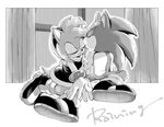  amy_rose anthro black_nose clothing dress duo female hair headband hedgehog kissing male mammal monochrome noi raining short_hair sonic_(series) sonic_the_hedgehog video_games 