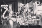  alternate_costume alternate_hairstyle animal_ears bangs bent_over blurry blush bokeh bow box cabinet cat_ears cat_tail cup depth_of_field door drinking_glass flower glass hair_flower hair_ornament hatsune_miku highres indoors kemonomimi_mode kona_(koma-m) long_hair looking_at_viewer monochrome one-piece_swimsuit paper polka_dot polka_dot_bow polka_dot_swimsuit scroll signature solo sunlight swimsuit tail tail_bow very_long_hair vocaloid window 