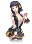  :o bangs bare_shoulders beatmania beatmania_iidx black_hair blunt_bangs book breasts garter_straps headphones hinazuki_ririna km_(km517) large_breasts long_hair no_bra open_clothes open_shirt pleated_skirt purple_eyes red_eyes shirt short_hair skirt solo thighhighs 