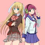  angel_beats! bangs blonde_hair blue_eyes blunt_bangs bow company_connection crossed_arms crossover domaro_yui eye_contact eyebrows_visible_through_hair green_bow green_eyes hairband hand_up index_finger_raised key_(company) little_busters! long_hair looking_at_another multiple_girls pink_background plaid plaid_skirt pleated_skirt purple_hair sakurai_harumi school_uniform seiyuu_connection serafuku shinda_sekai_sensen_uniform short_hair simple_background skirt smile standing tokido_saya twintails yuri_(angel_beats!) 