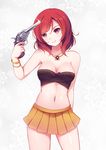  bandeau bare_shoulders bracelet breasts cleavage collarbone derivative_work dream_trigger euforia finger_on_trigger gun gun_to_head head_tilt holding holding_gun holding_weapon jewelry looking_at_viewer love_live! love_live!_school_idol_project medium_breasts navel nishikino_maki photo-referenced pile_(seiyuu) purple_eyes red_hair seiyuu_connection short_hair skirt smile solo strapless weapon 