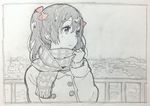  adjusting_scarf bow buttons city closed_mouth coat hair_bow kasa_list looking_to_the_side love_live! love_live!_school_idol_project railing scarf solo traditional_media twintails yazawa_nico 