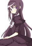  akemi_homura black_dress black_hair black_hairband dress from_side funeral_dress hairband long_hair looking_at_viewer looking_to_the_side mahou_shoujo_madoka_magica mahou_shoujo_madoka_magica_movie purple_eyes ribbon simple_background solo tsubaki_(tatajd) white_background 
