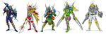  cosplay crossover gigan godzilla godzilla_(cosplay) godzilla_(series) highres kamen_rider kamen_rider_baron kamen_rider_bravo kamen_rider_gaim kamen_rider_gaim_(series) kamen_rider_ryugen kamen_rider_zangetsu king_ghidorah mecha mechagodzilla mothra multiple_boys nurikabe_(mictlan-tecuhtli) polearm sword weapon whip 