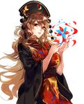  bangs brown_hair crescent eyebrows eyebrows_visible_through_hair flower hair_between_eyes hat hug_(yourhug) junko_(touhou) long_hair long_sleeves magic pom_pom_(clothes) red_eyes simple_background solo tabard tassel touhou upper_body very_long_hair white_background wide_sleeves 