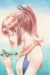  aircraft airplane brown_hair closed_eyes high_ponytail highres holding i-401_(kantai_collection) kantai_collection light_smile looking_down millipen_(medium) ponytail profile school_swimsuit seaplane short_ponytail sidelocks signature solo swimsuit tesun_(g_noh) traditional_media watercolor_pencil_(medium) 