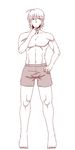  amazon_(taitaitaira) boxers collarbone finger_to_chin hand_on_hip highres jitome legs looking_to_the_side male_focus male_underwear monochrome morichika_rinnosuke muscle navel solo sweatdrop toes touhou underwear underwear_only 