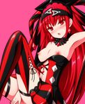  aka_no_ripika bare_shoulders beatmania beatmania_iidx breasts earrings hair_ornament hat jester_cap jewelry lace long_hair looking_at_viewer nikuchimaki nipples open_mouth red_background red_eyes red_hair small_breasts solo striped striped_legwear sweatdrop thighhighs vertical-striped_legwear vertical_stripes very_long_hair 