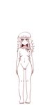  amazon_(taitaitaira) areolae arms_at_sides ass_visible_through_thighs barefoot braid breasts expressionless full_body highres kirisame_marisa legs long_hair looking_at_viewer messy_hair monochrome navel nipples nude single_braid small_breasts solo thighs toes touhou 