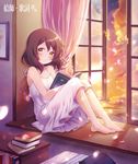  bare_arms bare_shoulders barefoot blush book book_stack bookshelf brown_hair collarbone curtains dress full_body indoors looking_away looking_to_the_side open_book open_window original petals pillow short_hair sitting sitting_in_window sky sleeveless sleeveless_dress smile solo suzumi_shiro twilight white_dress window 
