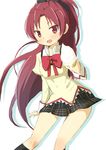  bow fang food hair_bow ice_cream long_hair looking_at_viewer mahou_shoujo_madoka_magica melting mitakihara_school_uniform ponytail red_eyes red_hair ribbon sakura_kyouko school_uniform skirt solo tsubaki_(tatajd) 