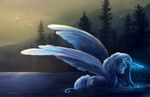  2015 blue_eyes blue_hair cutie_mark equine feathered_wings feathers female feral friendship_is_magic glowing hair hi_res horn long_hair looking_down magic mammal mountain my_little_pony outside princess_luna_(mlp) smile solo viwrastupr water winged_unicorn wings 