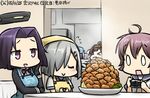  &gt;_&lt; 5girls :&gt; :d ahoge aoba_(kantai_collection) apron blush camera closed_eyes dated food gloves grey_hair hair_ornament hair_over_one_eye hairclip hamakaze_(kantai_collection) hamu_koutarou kantai_collection kongou_(kantai_collection) long_sleeves mechanical_halo multiple_girls neck_ribbon open_mouth purple_eyes purple_hair ribbon school_uniform serafuku short_hair smile square_mouth tatsuta_(kantai_collection) tatsutaage tenryuu_(kantai_collection) translated v-shaped_eyebrows 