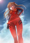  &gt;:( angry bad_id bad_pixiv_id bangs blue_eyes bodysuit bracer breasts brown_hair cameltoe cloud covered_nipples day foreshortening from_below frown gloves hair_between_eyes hair_ornament hand_on_hip highres lens_flare long_hair looking_at_viewer looking_down neon_genesis_evangelion outdoors pilot_suit plugsuit puma_(hyuma1219) sky small_breasts solo souryuu_asuka_langley standing sun turtleneck two_side_up v-shaped_eyebrows 