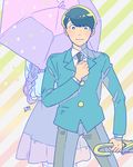  1girl back back-to-back bangs black_hair black_neckwear blue_jacket blunt_bangs blush braid buttons clenched_hand closed_mouth closed_umbrella dress_shirt formal hetero holding holding_umbrella jacket juushimatsu's_girlfriend legs_apart long_hair long_sleeves matsuno_juushimatsu mosuko necktie nervous osomatsu-kun osomatsu-san pants print_umbrella purple_umbrella raindrop_print shirt skirt standing striped striped_background suit umbrella water_drop white_shirt 