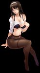  bra breasts brown_eyes brown_hair cleavage glasses hairband highres large_breasts long_hair no_shoes panties pantyhose solo taru_neko thighband_pantyhose underwear 