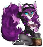  2014 anthro blush breasts chest_tuft clothed clothing collar english_text feline female fur grey_fur hair half-closed_eyes hi_res inner_ear_fluff looking_at_viewer mammal myett-wrath open_mouth panties purple_hair solo text tuft underwear 