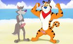  anthro balls bandanna barefoot beach canine chip_the_wolf circumcision_scar crossed_arms duo erection eye_contact feline flexing front_view male male/male mammal mascot mostly_nude neenya nude outside penis penis_size_difference seaside sheath small_penis smile smirk standing tiger tony_the_tiger whiskers wolf 