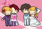  3boys :&lt; :d beatrice blonde_hair bouquet bow bowtie bridal_veil brown_hair chibi crossdressing dress flower formal hair_flower hair_ornament kashiwa_kiseri lowres multiple_boys necktie open_mouth polka_dot polka_dot_background ponytail red_hair smile suit umineko_no_naku_koro_ni ushiromiya_battler ushiromiya_lion veil wedding_dress willard_h_wright 