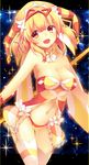  bare_shoulders beatmania beatmania_iidx blonde_hair blush breasts cameltoe cleavage fang garter_straps glowing hair_ornament hat highres jester_cap ki_no_rapika large_breasts matsuya9022 open_mouth outline panties smile solo star_(sky) thighhighs underwear 
