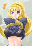  1girl blonde_hair blush breasts clothes_lift gloves gundam gundam_tekketsu_no_orphans kudelia_aina_bernstein large_breasts long_hair looking_at_viewer midriff navel ponytail purple_eyes solo surprised sweater sweater_lift very_long_hair yaso_shigeru 