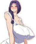  blush breasts cleavage covered_nipples gigantic_breasts hair_intakes headband highres long_hair looking_at_viewer mature original purple_eyes purple_hair sagging_breasts shiny shiny_skin solo sweatdrop yukimaru_(gojo) 