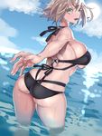  ass bad_id bad_pixiv_id bikini breasts brown_hair green_eyes highres hohehohe huge_breasts kantai_collection looking_at_viewer looking_to_the_side mutsu_(kantai_collection) ocean outstretched_arm short_hair solo swimsuit water wet 