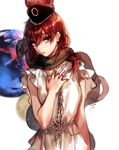  alternate_costume animal animal_around_neck animal_on_shoulder bangs chain dress eyebrows eyebrows_visible_through_hair frills gem hair_between_eyes hand_on_own_chest hat hecatia_lapislazuli hug_(yourhug) jewelry looking_at_viewer parted_lips planet polos_crown red_hair ring simple_background snake solo toga touhou upper_body white_background white_dress 