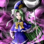  ao-shiba blue_capelet capelet green_eyes green_hair hand_on_hip hat long_hair mima polearm solo touhou touhou_(pc-98) very_long_hair weapon wizard_hat 