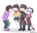  apron armband arms_behind_back blood bloody_clothes boots brothers carrying dual_persona hands_in_pockets heart heart_in_mouth highres hockey_mask jitome machete male_focus matsuno_ichimatsu matsuno_juushimatsu messy_hair multiple_boys osomatsu-kun osomatsu-san pants pina710 sandals shorts siblings simple_background single_vertical_stripe sleeves_past_wrists slippers slouching smile sweatdrop torn_clothes track_pants twitter_username uniform white_background 