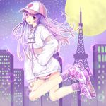  :p baseball_cap blush choker collar earrings hand_in_pocket hat jewelry long_hair long_sleeves looking_at_viewer original purple_hair saya7 shoes smile sneakers solo thigh_strap tongue tongue_out 
