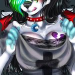  anthro black_hair breasts canine chest_tuft clothed clothing collar facial_piercing female fur hair licking licking_lips lip_piercing mammal myett-wrath open_mouth piercing simple_background smile solo teeth tongue tongue_out tuft white_fur wings 