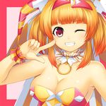  ;) beatmania beatmania_iidx breasts choker cleavage grin hair_ornament hat jester_cap ki_no_rapika km_(km517) medium_breasts one_eye_closed orange_hair pointing pointing_at_self purple_eyes short_hair smile solo strapless twintails upper_body 